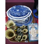 XIX Century Blue and White Willow Pattern Meat Plate, Adams blue white tureen, Tony Wood toby jugs,