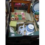 Xmas Baubles, dolls, teaware, etc:- One Box