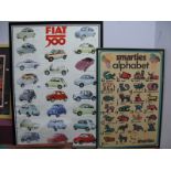 A 1970's Smarties Alphabet Poster 74 x 49cm., and a Fiat 500 poster. (2)