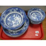 English Ironstone Pottery Old Willow and Meakin's Blue and White Table Ware, of seventeen pieces.