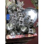 Plated Three Piece Tea-Service, pair of plated candelabras, pewter goblets plated fray, etc- one