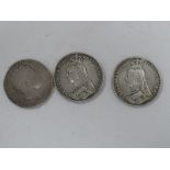 Three Great Britain Silver Crowns- George III (poor) date illegible, Queen Victoria 1889 (2) Jubilee