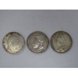 Three Great Britain Silver Crowns, 1888, 1902, 1935, coins are from circulation and of differing