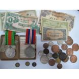 Two WWII Medals, including The Defence Medal, five Japanese Government Banknotes, a small quantity