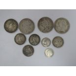 Ten G.B. Queen Victoria Silver Coins, comprising of half crowns 1883, 1891, 1900, one florin 1899,