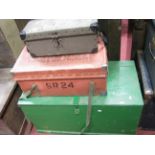 A Green Painted Ring Blanket Chest, two card carry cases. (3)