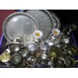 Plated and Engraved Trays, plated cream jugs, tankards:- One Box.