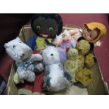 Kader Ok Doll, golly toy, gold plush teddy, Sooty puppets etc:- One Box