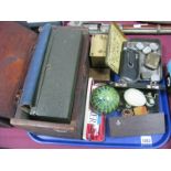 Mdina Paperweight, advertising tins, cased Parker pens, balance scales, pine box, etc:- One Tray