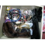 Assorted Costume Jewellery, including beads, earrings, bangles, fur collar, etc:- Contained in a