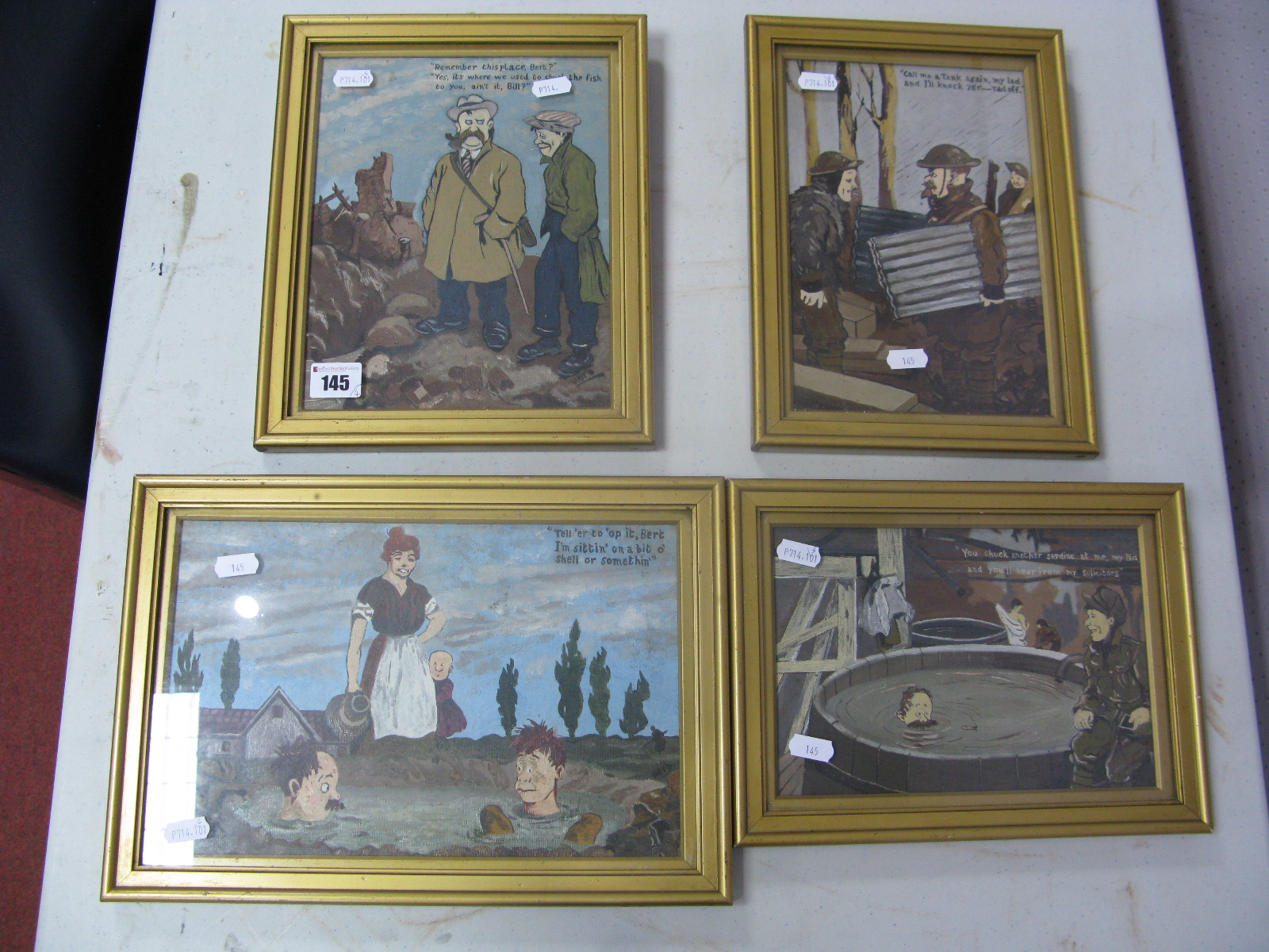 Four Oils on Board by 'Herb', in the style of Bruce Bairnsfather, all framed.