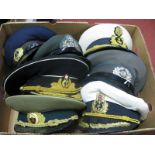 Seven Second Half XX Century World Military Peaked Caps, including Romanian Navy, Russian Navy.