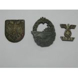 Three German Third Reich Badges, including Kriegsmarine Destroyer Badge, damaged.