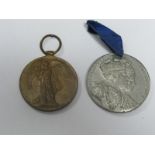 A WWI Victory Medal to J82102 N. Hampshire, Royal Navy. Plus a Edward VII Coronation Medal, both