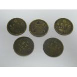 Five Pre WWII 6 A.E.T.C Basra, Iraq, Uniface Check Pieces in Brass, (32mm),
