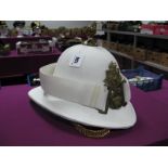 A Post War British Royal Marines White Pith Helmet and White Webbed Belt, the Pith Helmet bearing