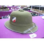 A Reproduction German Third Reich Pith Helmet, olive green, chin strap, two badges.