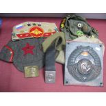 Five Modern Soviet Bloc Military Style Hats, many with badges, leather belt, plastic 'Hammer and