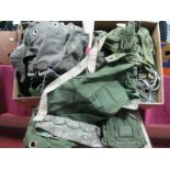 Two Boxes of Mid XX Century and Later Webbed/Canvas Military Items, including rucksacks, bags,