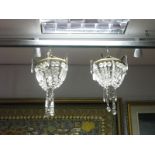 A Pair of Gilt Metal Mounted Ceiling Lights, with faceted lustre drops.