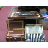 A XIX Century Walnut Writing Slope, cased set of six Sheffield knives and forks, pencil box,