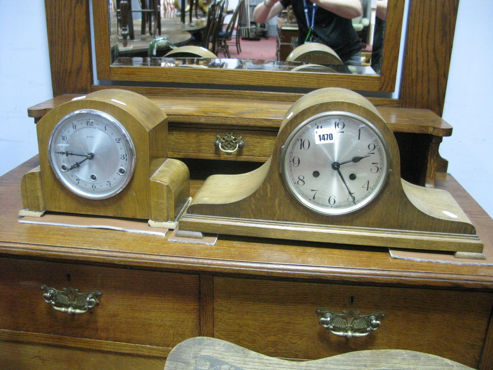 A 1920's "Napoleon Style" Oak Cased Mantel Clock, together with a Bentima walnut cased mantel clock.