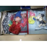 A Mid XX Century Children's Theatre, boxed, four hand puppets and Pelham puppet dog.