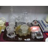 Bohemia Glass Candle Holders, decanter, prism desk weights, pig friggers:- One Tray