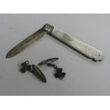 A Hallmarked Silver and Mother of Pearl Single Blade Folding Fruit Knife, with decorative scales;