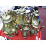 A Brass Coloured EPNS Three Piece Tea Set, (tea/coffee/jug), a swing handled bucket and tongs, etc:-
