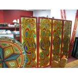 A Mid XX Century Painted Timber Sectional Fairground Stall, painted panels and pillars in colours,