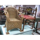 XIX Century Walnut Corner Bobbin Chair, with a upholstered seat, together with a child's wicker