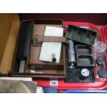 Velos Bakelite Desk Tidy, chrome mounted desk stand, glass inkwell, leather stationery box, etc:-