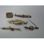 Four Bar Brooches, of various designs (lacking pins/damages), stamped "9ct", another similar. (5)