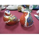 Two Royal Crown Derby Imari Paperweights as Birds, each with gold stopper, 1st quality.