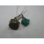 A 9ct Gold Hardstone Inset Seal Fob Style Pendant; together with a turquoise pendant, of irregular