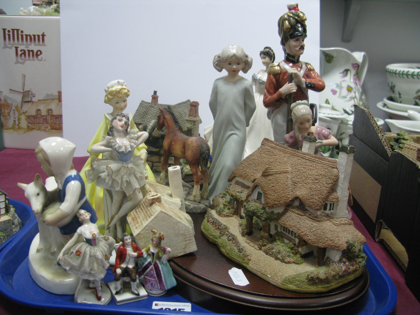 Lilliput Models, 'Periwinkle Cottage' and 'Junk and Disorderly' (on plinths), Royal Worcester '