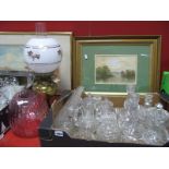 A 1930's Pressed Clear Glass Trinket Sets:- One Box. Oil lamp converted to electric and spare