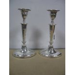 A Pair of Hallmarked Silver Candlesticks, (marks rubbed) each on navette shape base, (bases