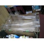 Eight Tall Glass Table Centre Vases, approximately 60cm high.