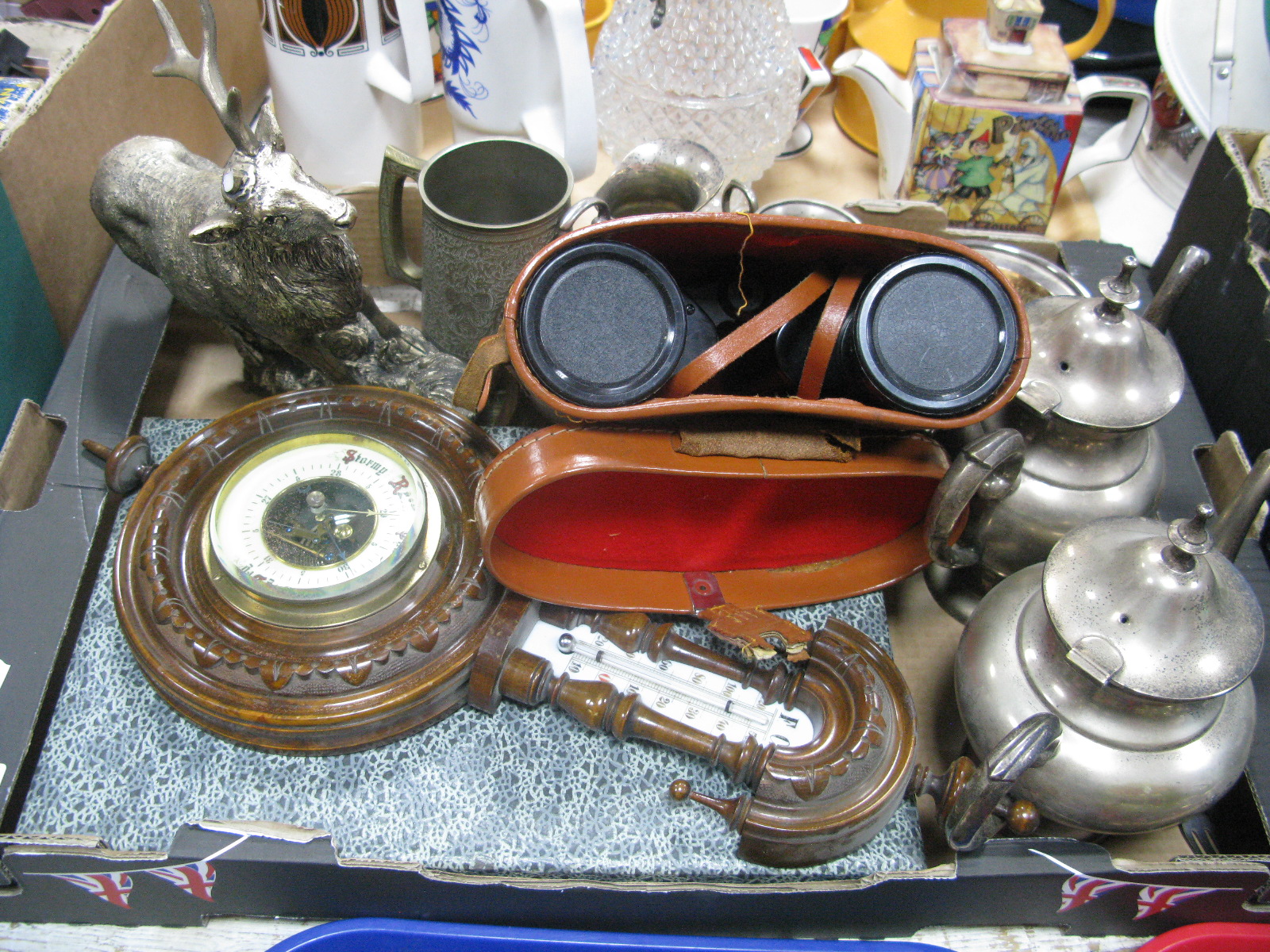 Plated Four Piece Tea Service, Zenith 10 x 50 field glasses in case, cutlery, barometer etc:- One