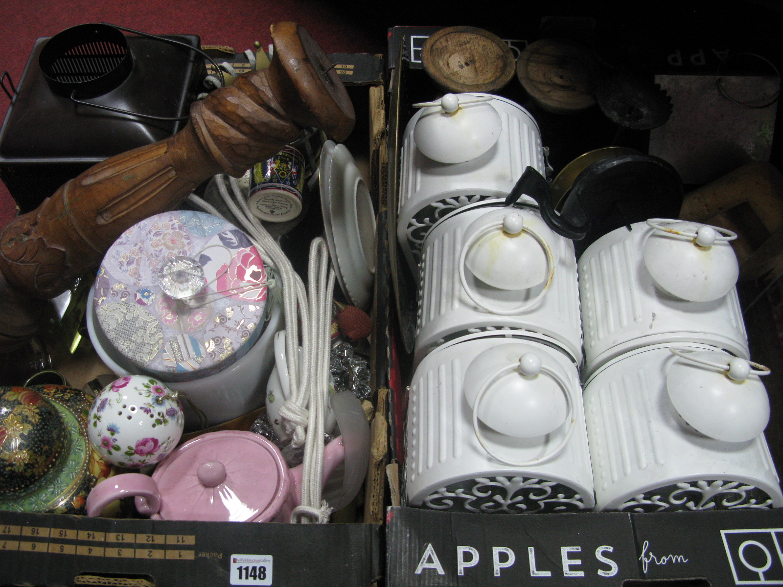 A Chinese Style Ginger Jar, white painted lanterns, tea pot:- Two Boxes.