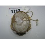 A Large Cameo Style Brooch, depicting female profile, collet set within openwork scroll frame,