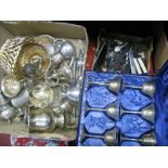 Cased Goblets, quantity of cutlery, silver plates, metalware:- Two Boxes