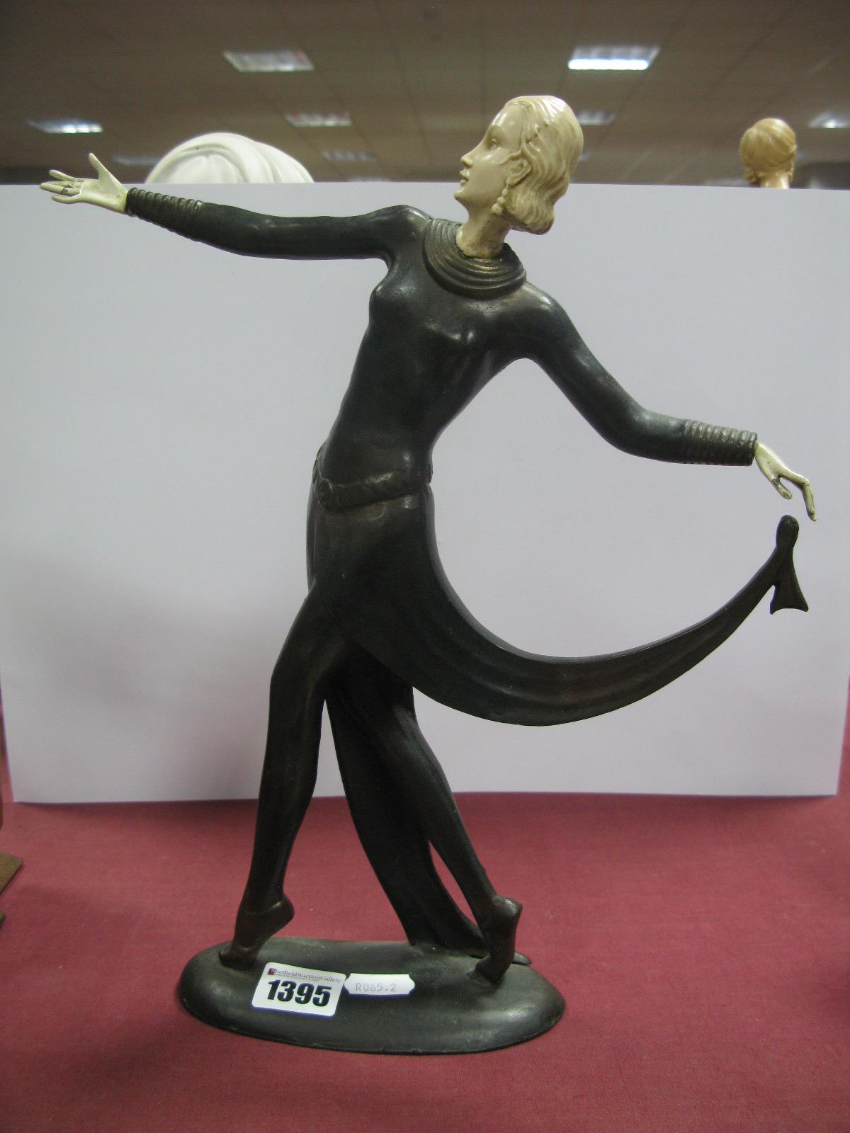 After Lorenzl, A Reproduction Bronze Effect Art Deco Figure of a Lady, with outreached arms, resin