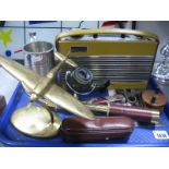 A Cast Brass Desk Spitfire, Roberts RIC1 radio, reproduction telescope (cased), fishing reels