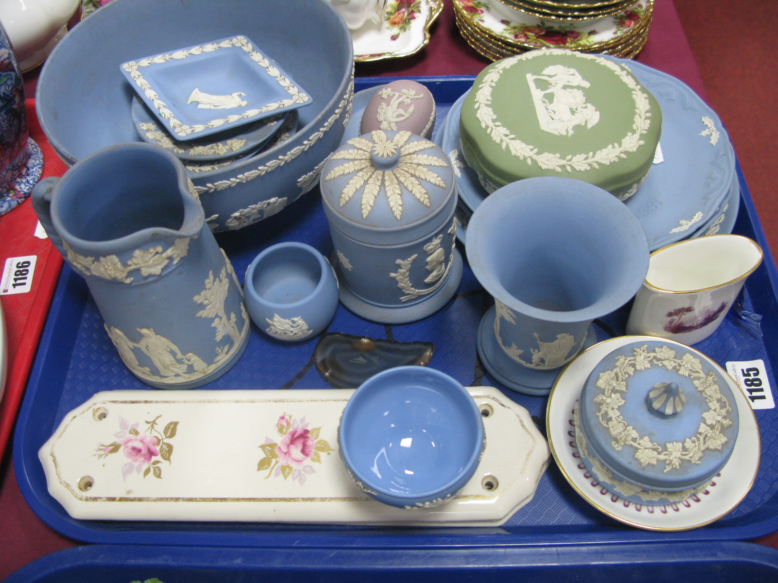 Wedgwood Powder Blue Jasperwares, plates, vase, bowl, etc - door lock plates, pin dishes, etc.