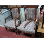 A Pair of Edwardian Inlaid Mahogany Salon Chairs, each with curved top rail, tapering legs, brass