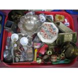 Brass Ornaments, coins, spoons, pair of egg coddlers etc:- One Tray