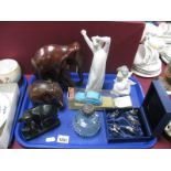 Silver Topped Glass Scent Bottle, two Nao figurines, carved elephants, Norev Citroen Dyane in box,